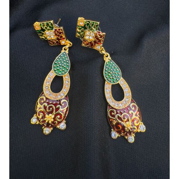 Beautiful Rhinestone and Enamel Dangle Earrings - Picture 1 of 6